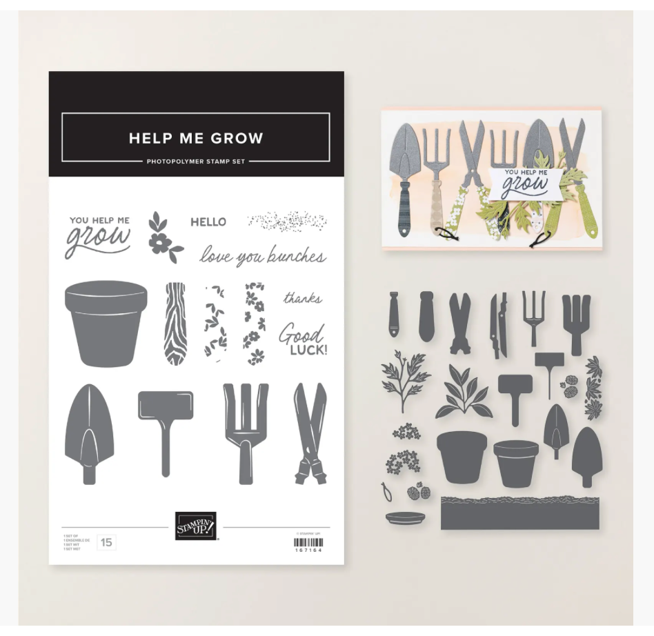 Help Me Grow Stamps & Dies  from Stampin’ Up! Garden Themed with plant pots and garden tools.
